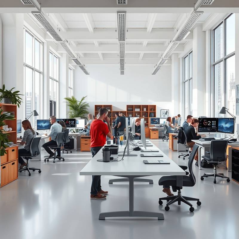 A bright and modern studio interior showcasing designers collaborating at their workstations.