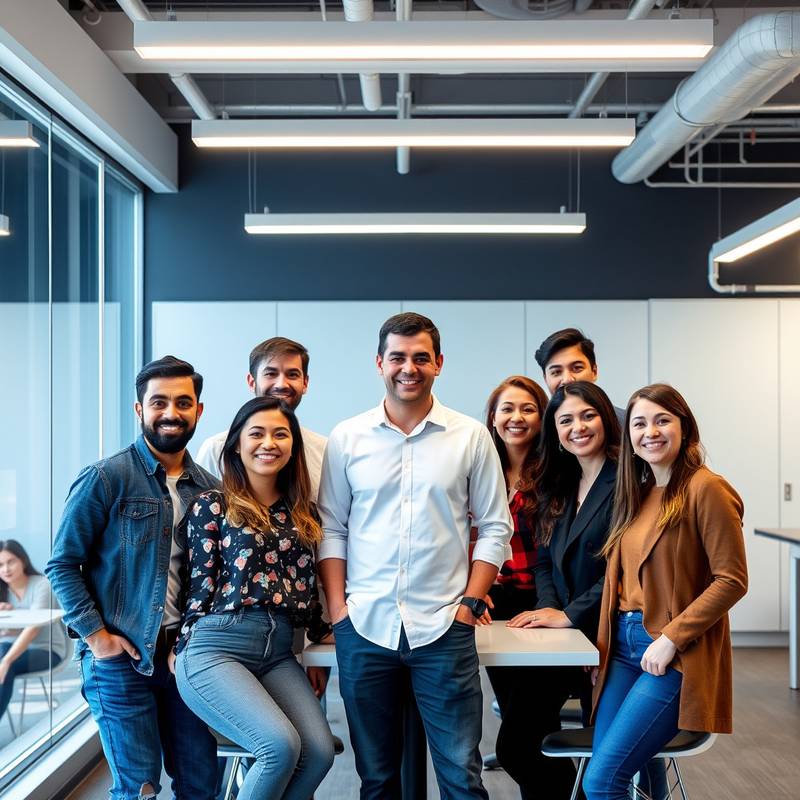 A group photo of the Aurora Creative team smiling and collaborating in a modern office space.
